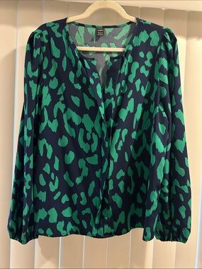 Navy and Green Abstract Print V-Neck Blouse